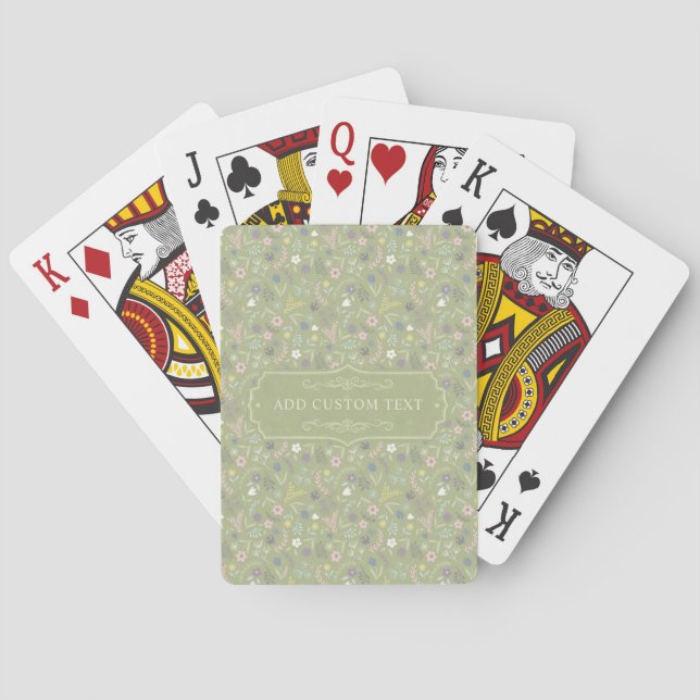 Sage Green Pink White Flowers Floral Boho Pattern Playing Cards (Back)