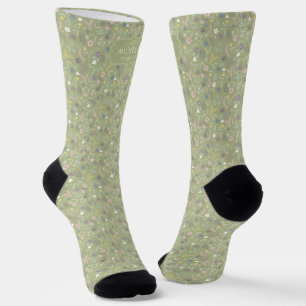 Sage Green Pink White Flowers Floral Boho Pattern Socks