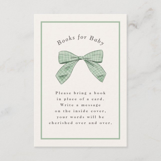 Sage Green Plaid Bow Elegant Baby Shower Enclosure Card (Front)