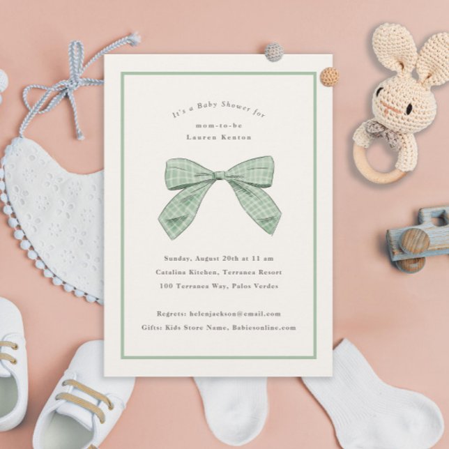 Sage Green Plaid Bow Elegant Baby Shower Invitation (Creator Uploaded)