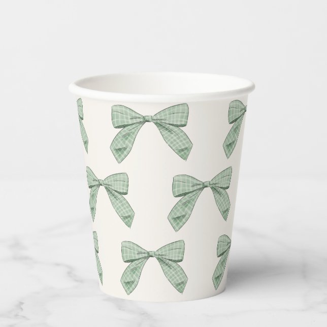 Sage Green Plaid Bow Elegant Boy Baby Shower Paper Cups (Front)