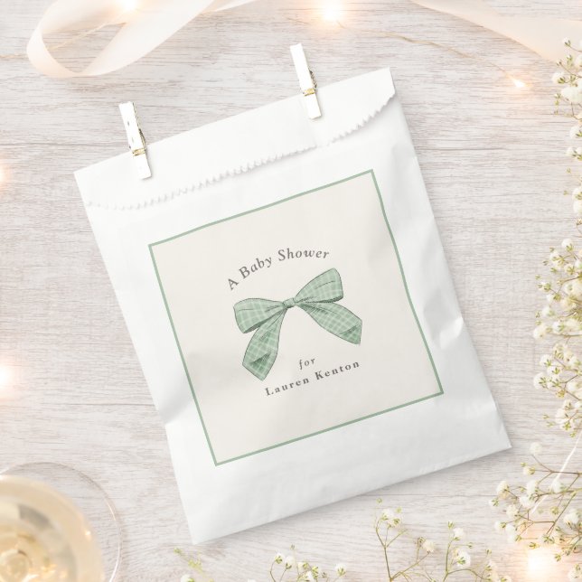 Sage Green Plaid Bow Elegant Neutral Baby Shower Favour Bags (Clipped)