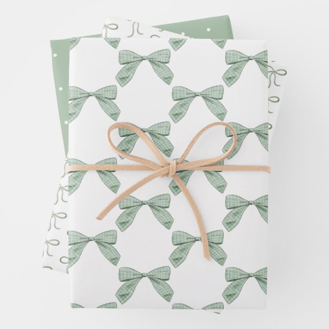 Sage Green Plaid Bow Elegant Neutral Baby Shower Wrapping Paper Sheet (In situ)