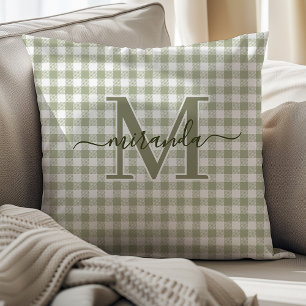 Sage Green Plaid Throw Pillow with Monogram