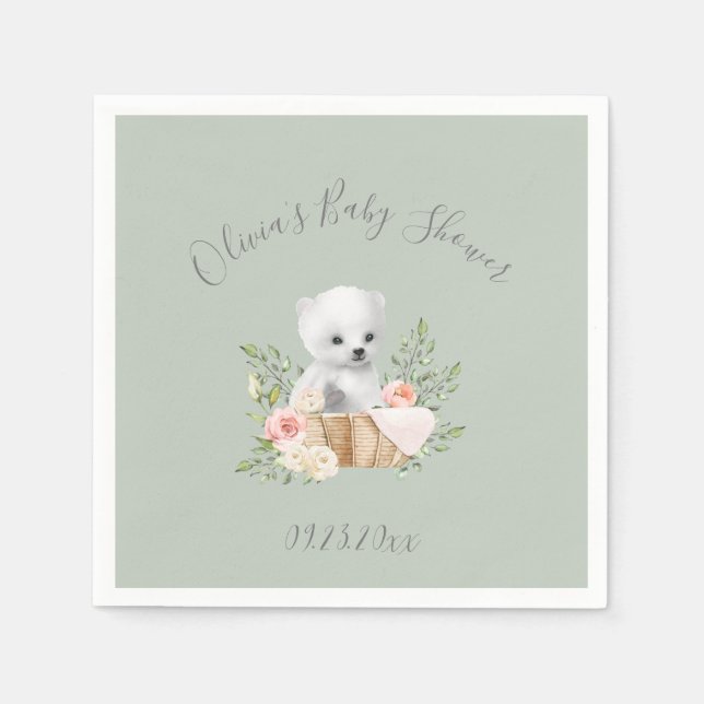 Sage Green Polar Bear Baby Shower Napkin (Front)