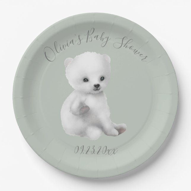 Sage Green Polar Bear Baby Shower Paper Plate (Front)
