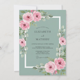 Sage Green Polished Rose Botanical Wedding Invitation