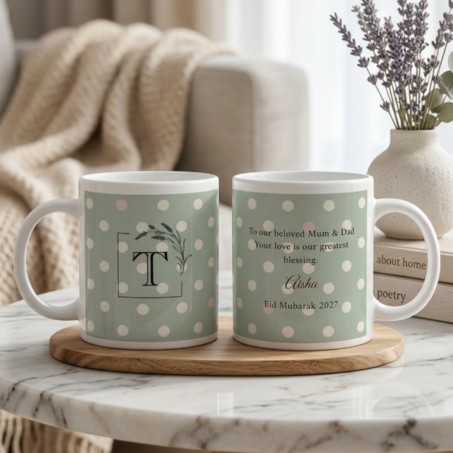 Sage Green Polka Dot Monogram Parents’ Gift Large Coffee Mug (Creator Uploaded)