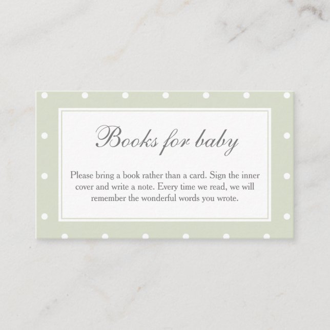 Sage Green Polka Dots Baby Shower Books For Baby Enclosure Card (Front)