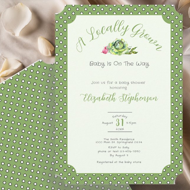 Sage Green Polka Dots Locally Grown Baby Shower Invitation (Creator Uploaded)