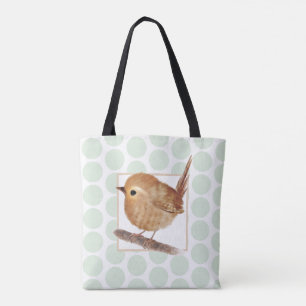 Sage Green Polkadot Puffy Wren Bird Tote Bag