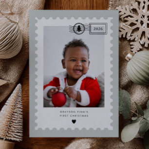 Sage Green Postage Stamp Baby's 1st Christmas Holiday Card