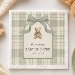 Sage Green Preppy Gingham Teddy Bear Baby Shower Napkin