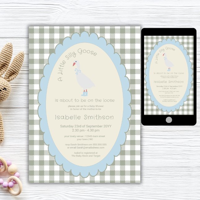 Sage Green Preppy Silly Little Goose Baby Shower  Invitation (Creator Uploaded)