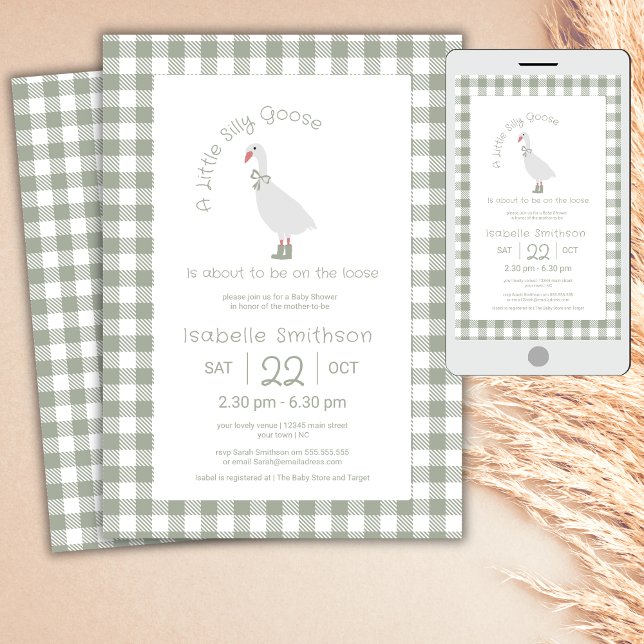 Sage Green Preppy Silly Little Goose Baby Shower  Invitation (Creator Uploaded)