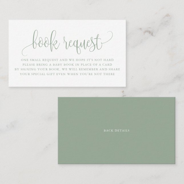 Sage Green Pretty Script Baby Shower Book Request Business Card (Front/Back)