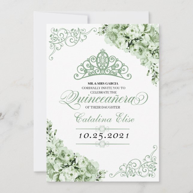 Sage Green Princess Crown Quinceanera Birthday Invitation (Front)