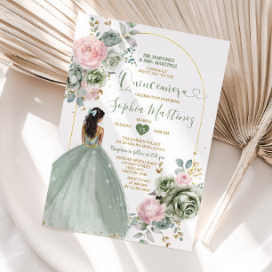 Sage Green Princess Dress Pink Floral Quiñceanera Invitation