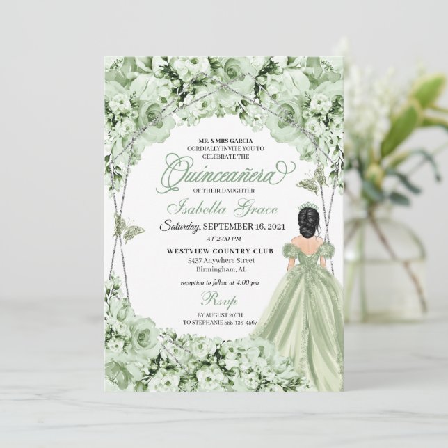 Sage Green Princess Dress Quinceanera Invitation (Standing Front)