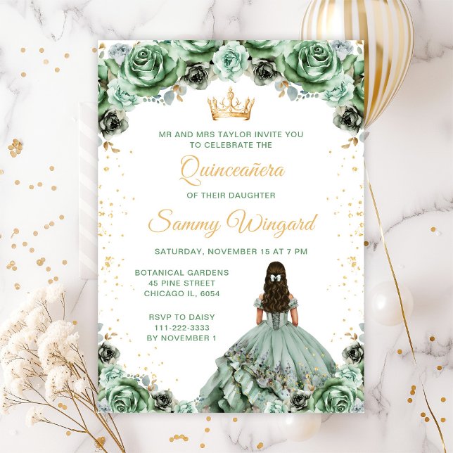 Sage Green Princess Floral Quinceañera Invitation (Creator Uploaded)