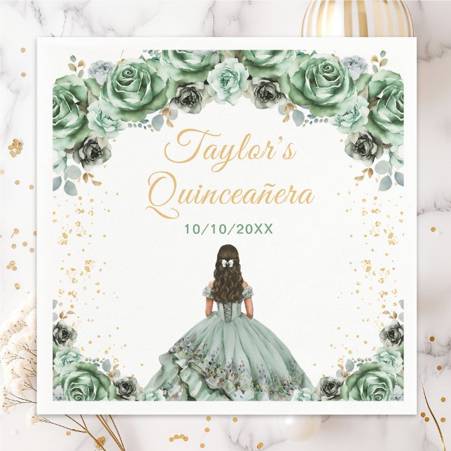 Sage Green Princess Floral Quinceañera Napkin (Creator Uploaded)