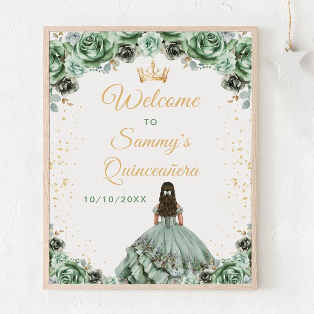 Sage Green Princess Quinceañera Welcome Poster (Creator Uploaded)