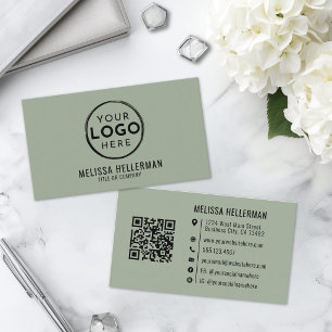 Sage Green Professional Logo QR Code Business Card