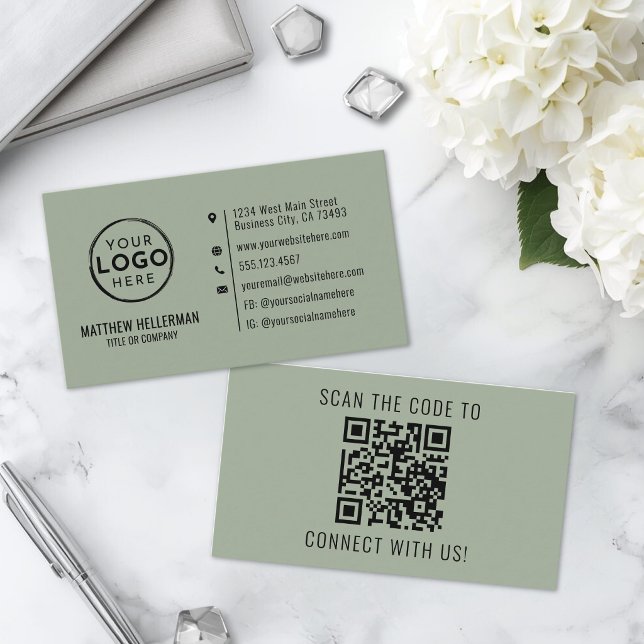 Sage Green Professional Minimalist QR Code Logo Business Card (Sage Green Professional Minimalist QR Code Logo Business Card )