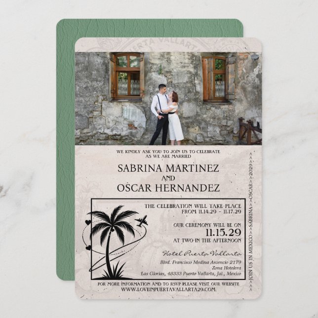 Sage Green Puerta Vallarta Passport Wedding Invitation (Front/Back)