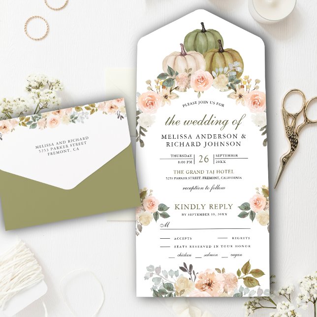 Sage Green Pumpkin and Dusty Peach Floral Wedding All In One Invitation (Creator Uploaded)