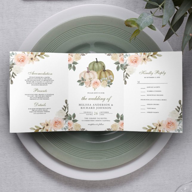 Sage Green Pumpkin and Dusty Peach Floral Wedding Tri-Fold Invitation (Creator Uploaded)