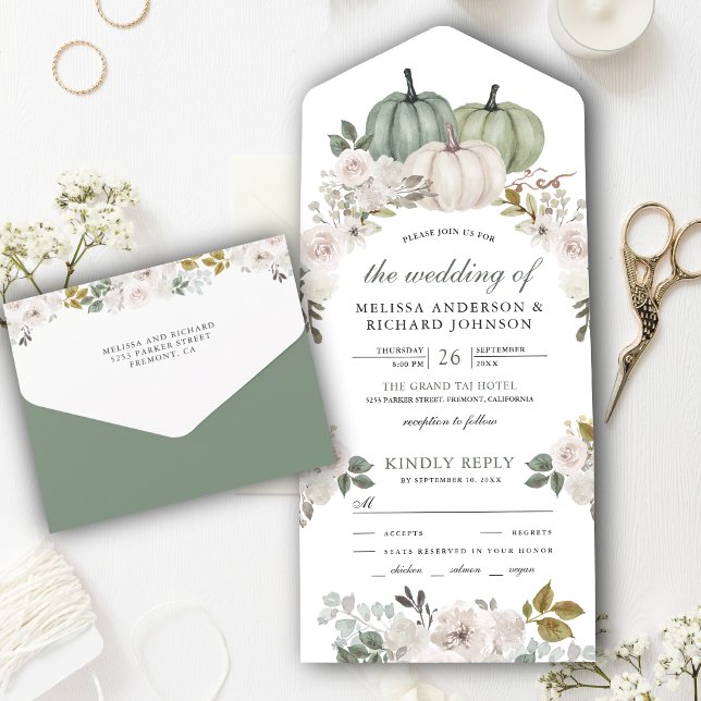 Sage Green Pumpkin and White Floral Wedding All In One Invitation (Creator Uploaded)