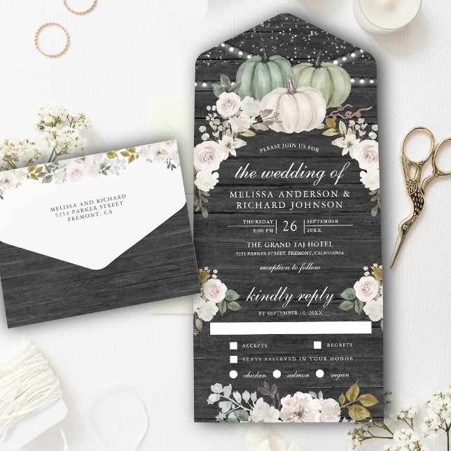 Sage Green Pumpkin and White Floral Wood Wedding All In One Invitation (Creator Uploaded)