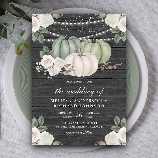 Sage Green Pumpkin and White Floral Wood Wedding Invitation (Creator Uploaded)