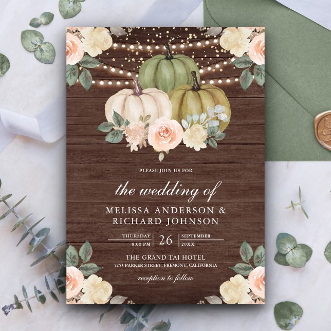 Sage Green Pumpkin Dusty Peach Floral Wood Wedding Invitation (Creator Uploaded)