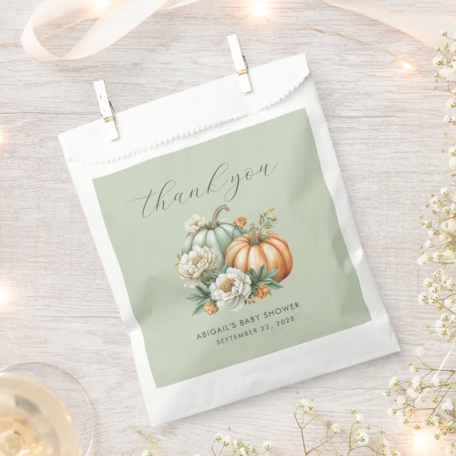 Sage Green Pumpkin Fall Baby Shower Thank You Favour Bags (Clipped)
