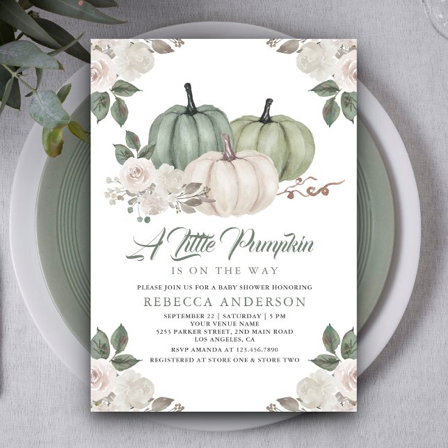 Sage Green Pumpkin Floral Fall Baby Shower Invitation (Creator Uploaded)