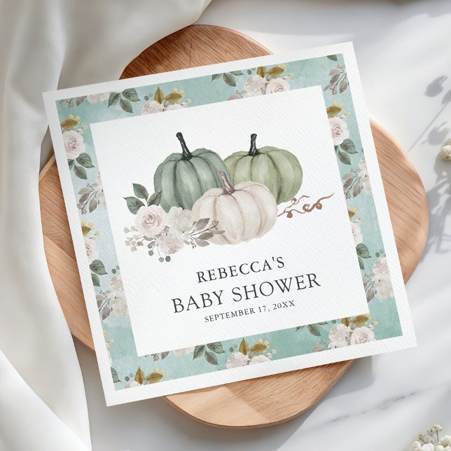 Sage Green Pumpkin Floral Fall Baby Shower Napkin (Creator Uploaded)