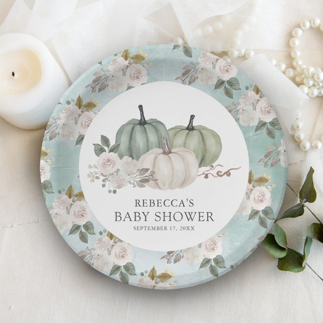 Sage Green Pumpkin Floral Fall Baby Shower Paper Plate (Creator Uploaded)