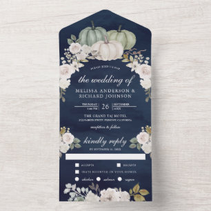 Sage Green Pumpkin Floral Navy Blue Wedding All In One Invitation