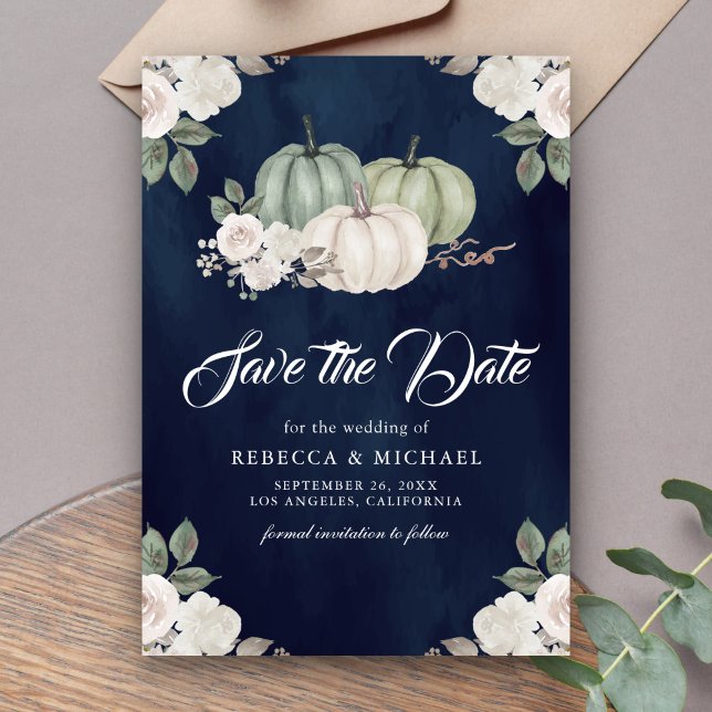 Sage Green Pumpkin Floral Navy Blue Wedding Save The Date (Creator Uploaded)