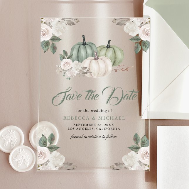 Sage Green Pumpkin Floral Wedding Save the Date Acrylic Invitations (Creator Uploaded)