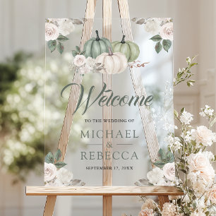 Sage Green Pumpkin Floral Wedding Welcome Acrylic Sign