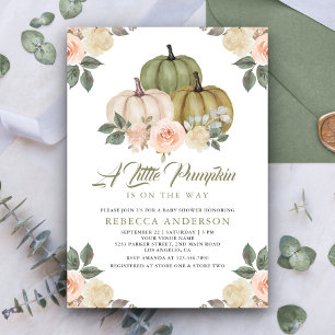 Sage Green Pumpkin Peach Floral Fall Baby Shower Invitation