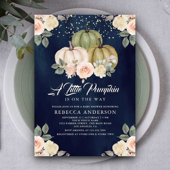 Sage Green Pumpkin Peach Floral Navy Baby Shower Invitation (Creator Uploaded)