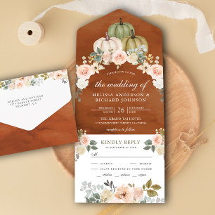 Sage Green Pumpkin Peach Floral Terracotta Wedding All In One Invitation