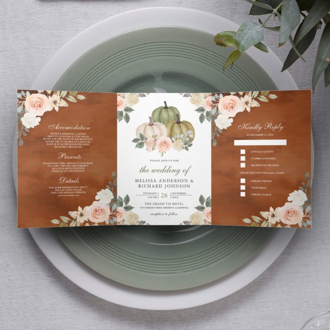 Sage Green Pumpkin Peach Floral Terracotta Wedding Tri-Fold Invitation (Creator Uploaded)
