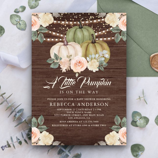 Sage Green Pumpkin Peach Floral Wood Baby Shower Invitation (Creator Uploaded)