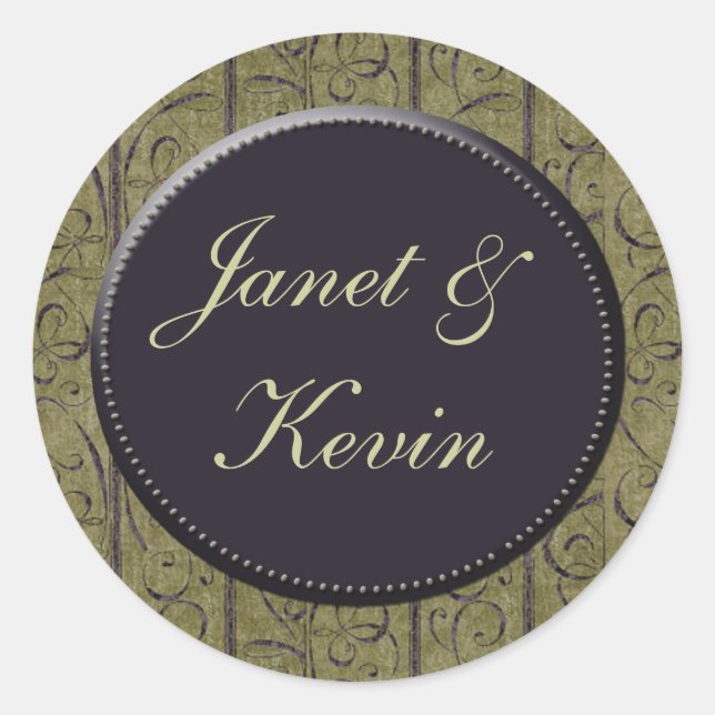 Sage green / purple damask wedding stickers (Front)