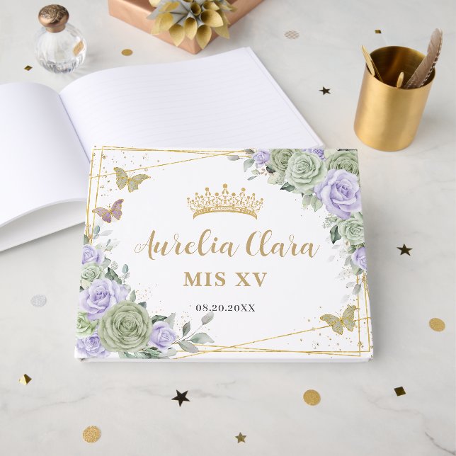 Sage Green Purple Floral Butterflies Quinceanera Guest Book (Front Open)